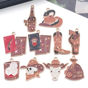 Detailed view of wild western theme enamel charms featuring cowboy hats and skulls