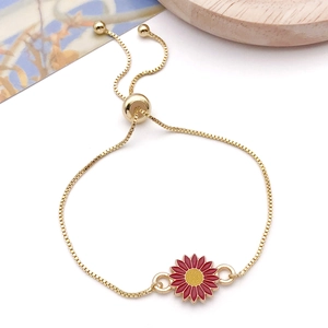 Adjustable gold sunflower daisy charm bracelet with vibrant red and yellow enamel finish