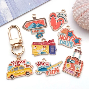 Colorful summer vacation travel charms set with yellow taxi, airplane and suitcase shapes