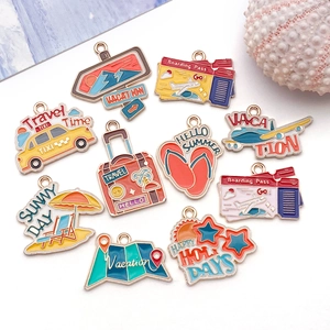 Detailed set of colorful enamel travel charms featuring taxi, luggage and map designs