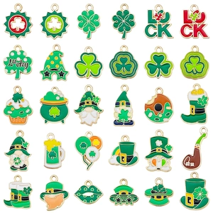 St. Patrick's Day Alloy Enamel Pendants Set Green Irish Shamrock Clover Gnome Charms For DIY Jewelry Making Necklaces Bracelets