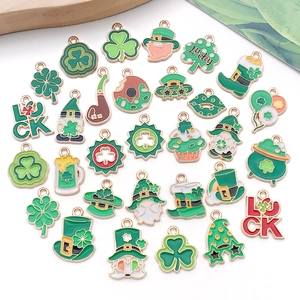 St. Patrick's Day green enamel clover and lucky gnome charm set for DIY jewelry