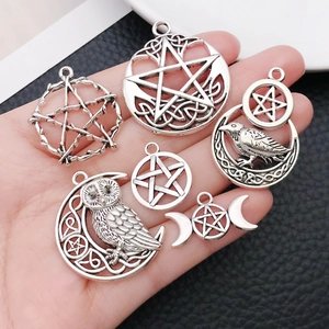 Set de 6 dijes vintage de plata con estrella luna búho y cuervo para joyería DIY