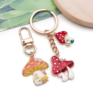 Forest-style mushroom house enamel keychain set with red polka dot charms and white pearls