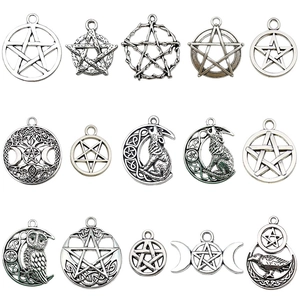 Set de 15 colgantes Wicca de plata antigua con pentagrama, lobo y búho para joyas