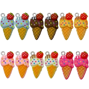 Colorful resin strawberry ice cream cone charms with metal rings for DIY jewelry making