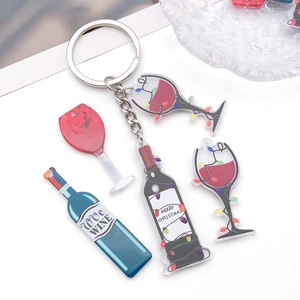 Acrylic wine bottle and glass keychain with Christmas lights charms and metal ring