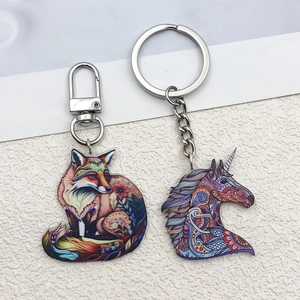 Acryl Mandala Fuchs und Einhorn Anhänger mit Karabiner und Schlüsselring für DIY
