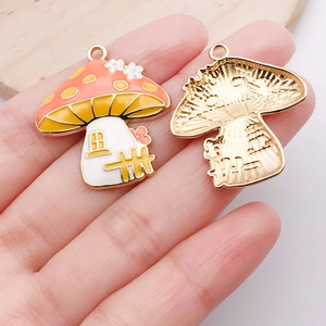 Cartoon orange mushroom house alloy pendant with white dots for DIY jewelry making