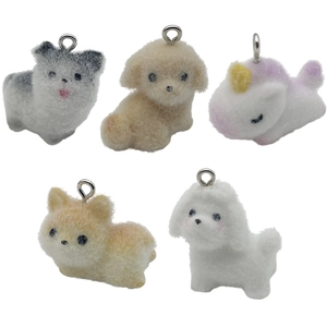 Set of five cute flocked puppy and unicorn charms with silver metal rings for DIY keychains