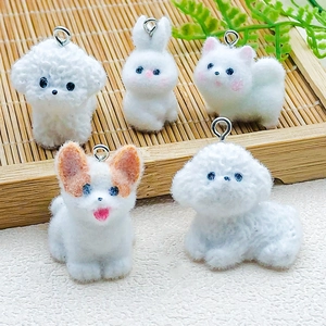 Flocked Resin Animal Charms Cute Corgi Rabbit Bichon Samoyed Dog Pendants For DIY Keychain Jewelry Making Accessories