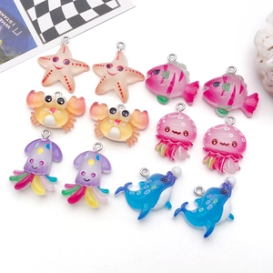 Detailed set of 12 resin ocean animal charms for DIY jewelry with silver metal loops