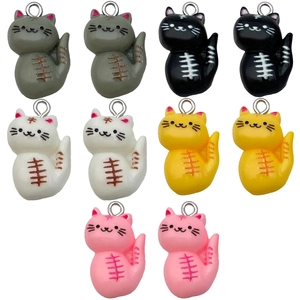 Set of colorful resin cartoon cat pendants with metal rings for DIY jewelry and crafts