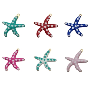 Set of six gold-plated stainless steel starfish pendants with colorful polka dots