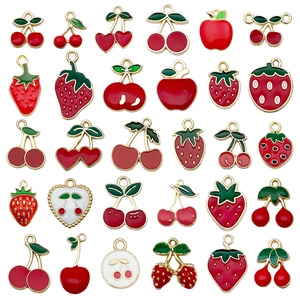 DIY Fruit Alloy Enamel Pendants For Jewelry Making Red Strawberry Cherry Apple Drip Oil Charms For Bracelet Earrings Keychain Handmade Accessories