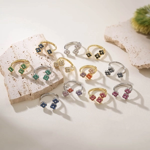 Zirconia Klavertje Vier Open Ring Voor Vrouwen Luxe Koper Ingelegde Fonkelende Kleurrijke Kristal Verstelbare Geluk Vinger Ring Sieraden