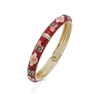Vintage red cloisonne enamel daisy flower bangle bracelet with gold-plated metal base