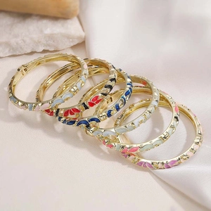 Vintage Cloisonne Floral Copper Hinged Bracelet Chinese Style Enamel Flower Petal Bangle For Women Ethnic Jewelry Accessories