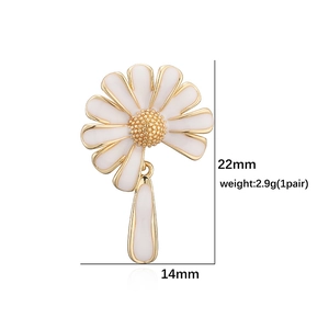 Detailed view of daisy drop earrings with white enamel petals and size dimensions