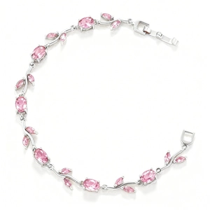 Detail of leaf vine bracelet with pink marquise crystals and secure folding clasp