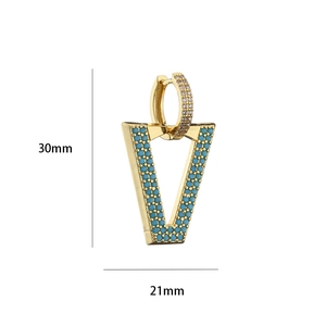Gold V-shaped drop earrings with micro-paved turquoise blue stones and white zircon details