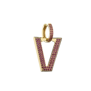 Gold V-shaped huggie hoop earrings with micro-paved pink purple zircon stones