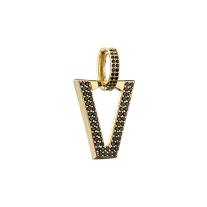 Minimalist V-shaped gold hoop earrings featuring micro-pave black cubic zirconia stones