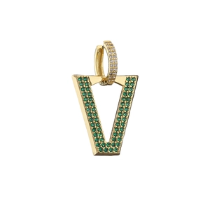 Gold V-shaped drop earrings with micro-pave green stones and sparkling diamond accents