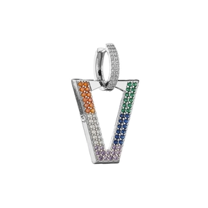 Macro shot of silver V-shaped earrings with colorful pave zircon stone inlay