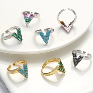 Western Style Adjustable Brass Ring For Women Micro Pave Geometric V-Shape Zirconia Open Finger Ring Personalized Jewelry Gift