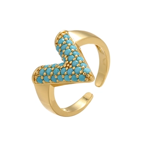 Adjustable gold V-shape open ring with micro-pave turquoise beads in bohemian style