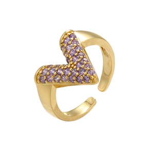 Adjustable golden V-shaped ring with micro-paved purple cubic zirconia stones