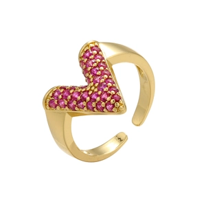 Adjustable gold V-shaped open ring featuring rose pink pave crystals in a heart design