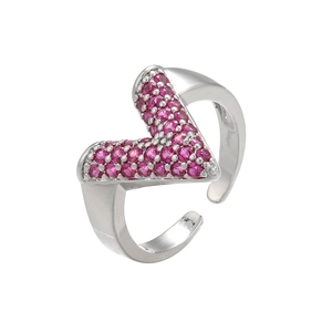 Detail view of silver V-shape open ring with vibrant pink micro-pave zircons