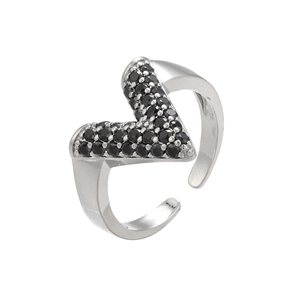 Detailed close-up of V-shaped adjustable silver ring with micro-paved black zircons