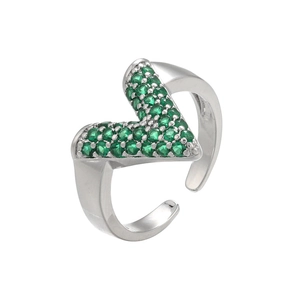 Detailed view of silver open ring with pavé-set green cubic zirconia V-shape