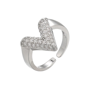 Macro detail of the V-shaped silver ring showing pavé-set sparkling cubic zirconia stones