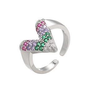 Detailed view of silver V-shape adjustable ring with colorful micro-pave crystals
