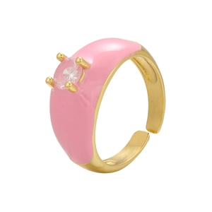 Adjustable gold plated ring with pink enamel detail and a round sparkling zircon stone