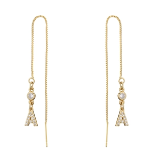 18K gold letter A drop earrings with micro-paved cubic zirconia and long box chain