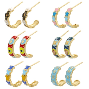 Boucles d'Oreilles Clous en Émail en Forme de C en Cuivre Bohémien pour Femmes Papillon Étoile Mauvais Œil Main de Fatma Bijoux
