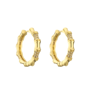 Bamboo style gold hoop earrings with sparkling zircon inlay for a vintage look