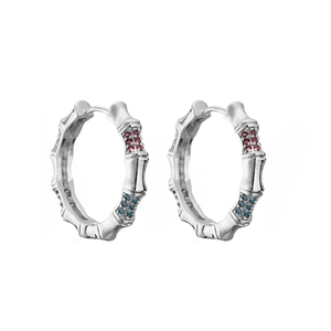 Bamboo style silver hoop earrings with micro-set red and blue colorful crystals
