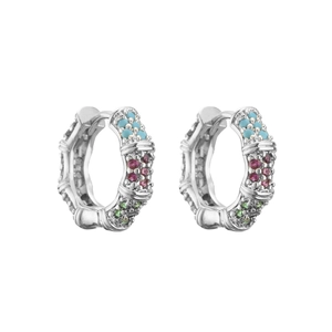 Bamboo style silver huggie hoops with multi-color micro-pave crystals in blue and pink