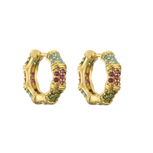 Detail shot of golden hoop earrings with multi-color cubic zirconia micro-pave setting