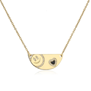 Gold semi-circle necklace with zircon pavé smiley face and black heart pendant