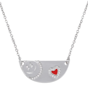 Detail of silver half-circle pendant necklace with zircon smiley face and red enamel heart