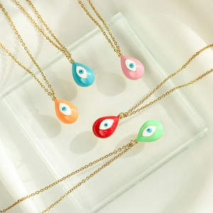 18K Gold Plated Copper Evil Eye Pendant Necklace Enamel Teardrop Rolo Chain For Women Bohemian Fashion Jewelry Accessory