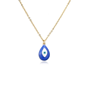 Detailed macro view of 18k gold plated evil eye pendant with vibrant blue enamel finish