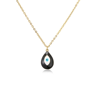 Macro shot of an 18k gold-plated waterdrop pendant featuring a colorful evil eye enamel design